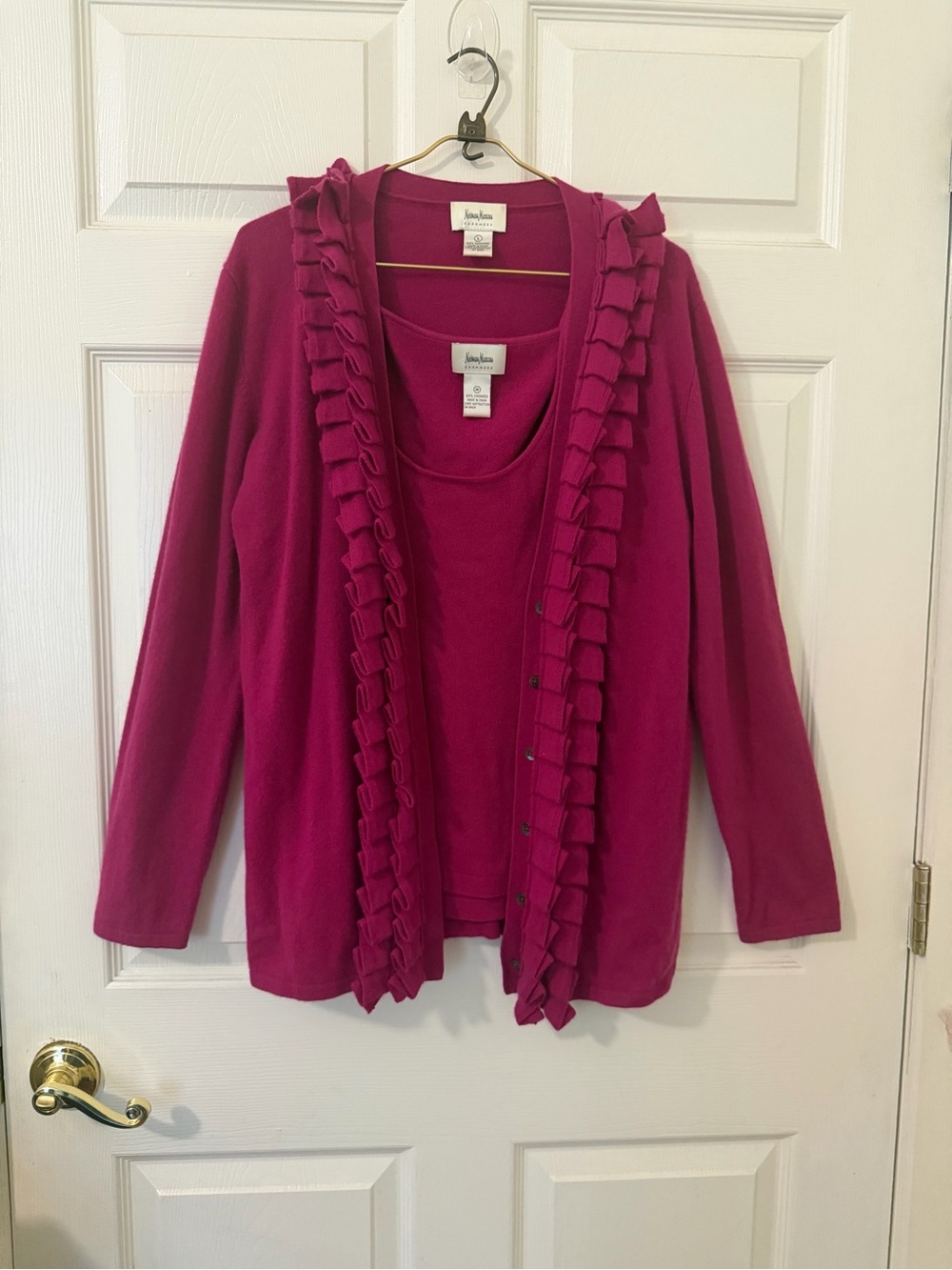 Neiman Marcus 100% Cashmere Ruffle Cardigan Sweater & Tank Top Twin Set Pink